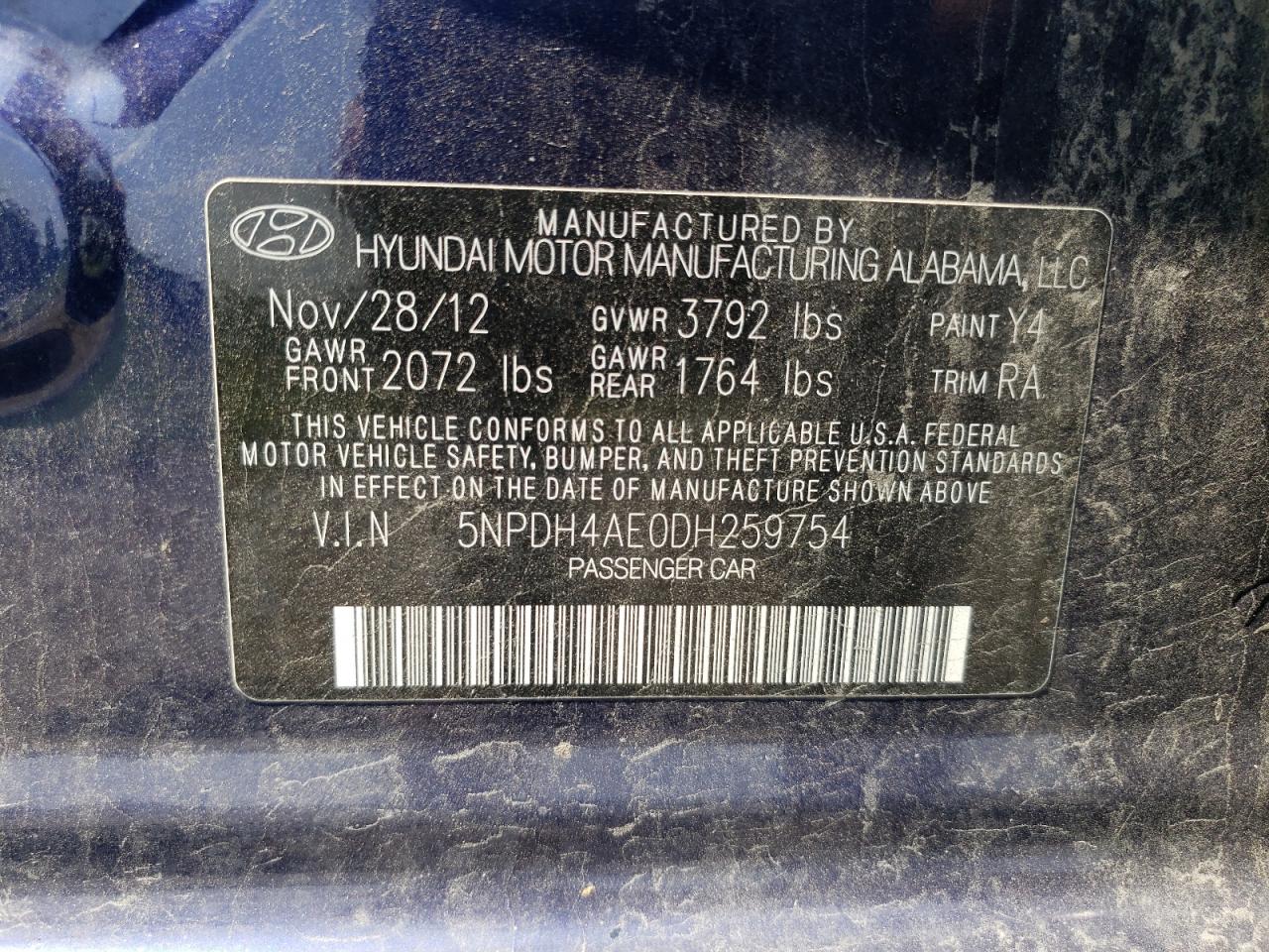 2013 Hyundai Elantra Gls VIN: 5NPDH4AE0DH259754 Lot: 67314954