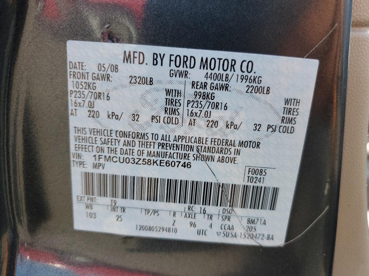 2008 Ford Escape Xlt VIN: 1FMCU03Z58KE60746 Lot: 67364304