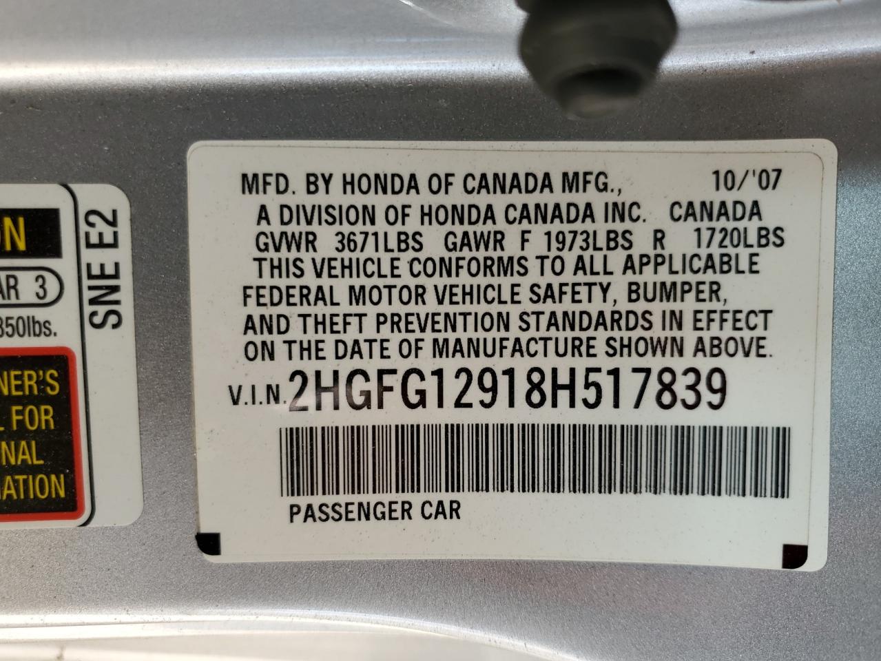 2008 Honda Civic Exl VIN: 2HGFG12918H517839 Lot: 68742454