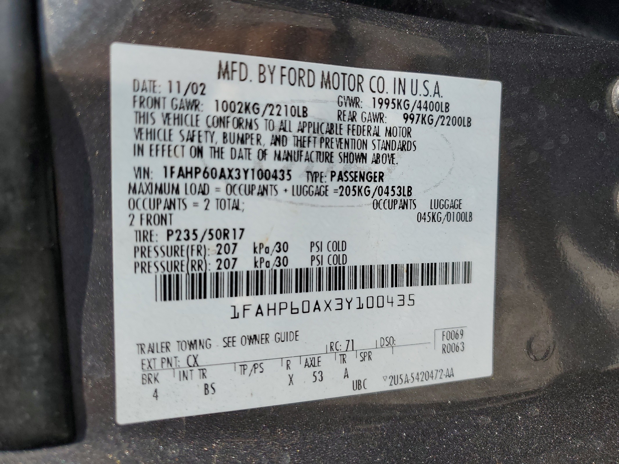 1FAHP60AX3Y100435 2003 Ford Thunderbird