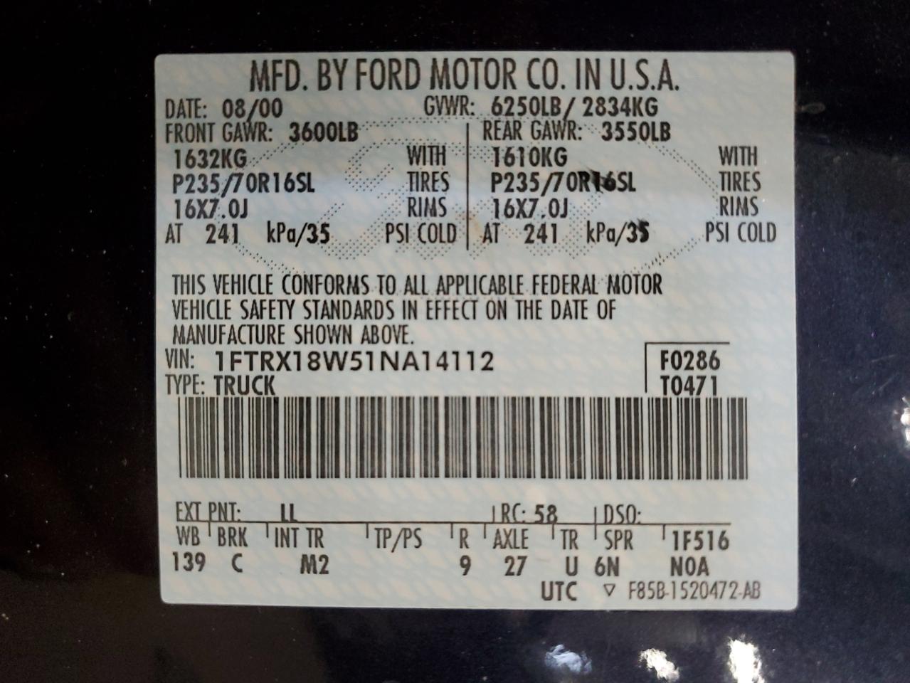 2001 Ford F150 VIN: 1FTRX18W51NA14112 Lot: 66919974