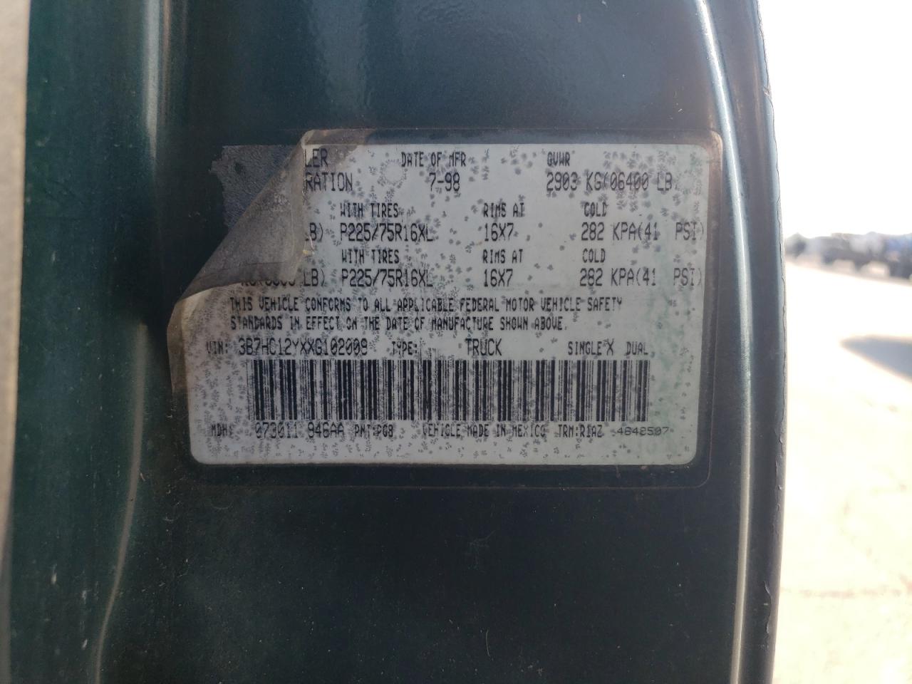 1999 Dodge Ram 1500 VIN: 3B7HC12YXXG102009 Lot: 66181304