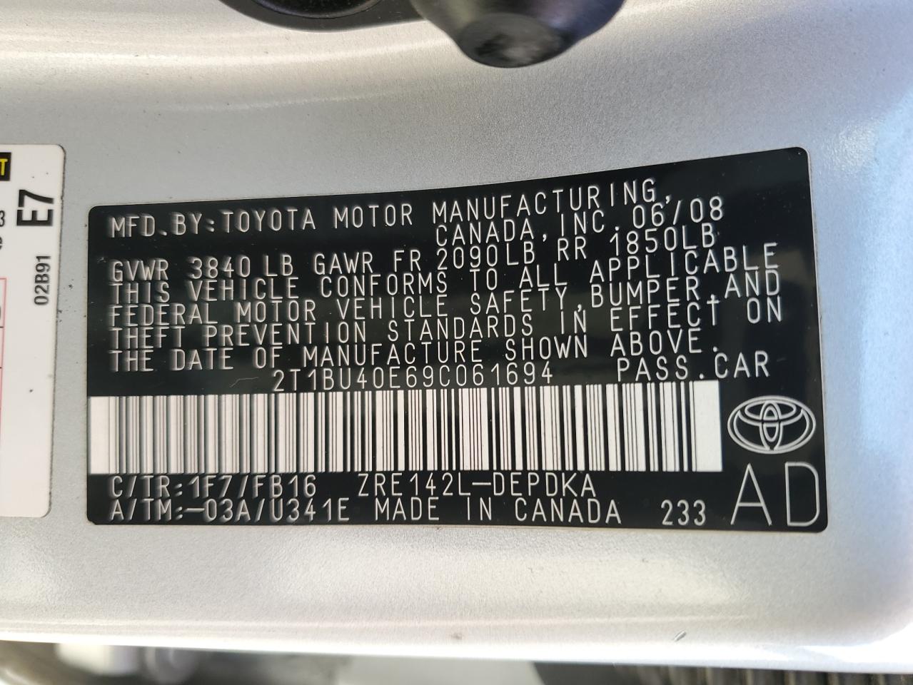 2009 Toyota Corolla Base VIN: 2T1BU40E69C061694 Lot: 67089254