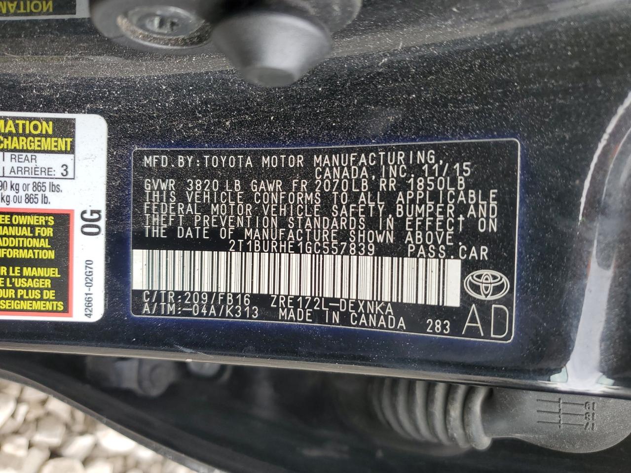 2016 Toyota Corolla L VIN: 2T1BURHE1GC557839 Lot: 66070624