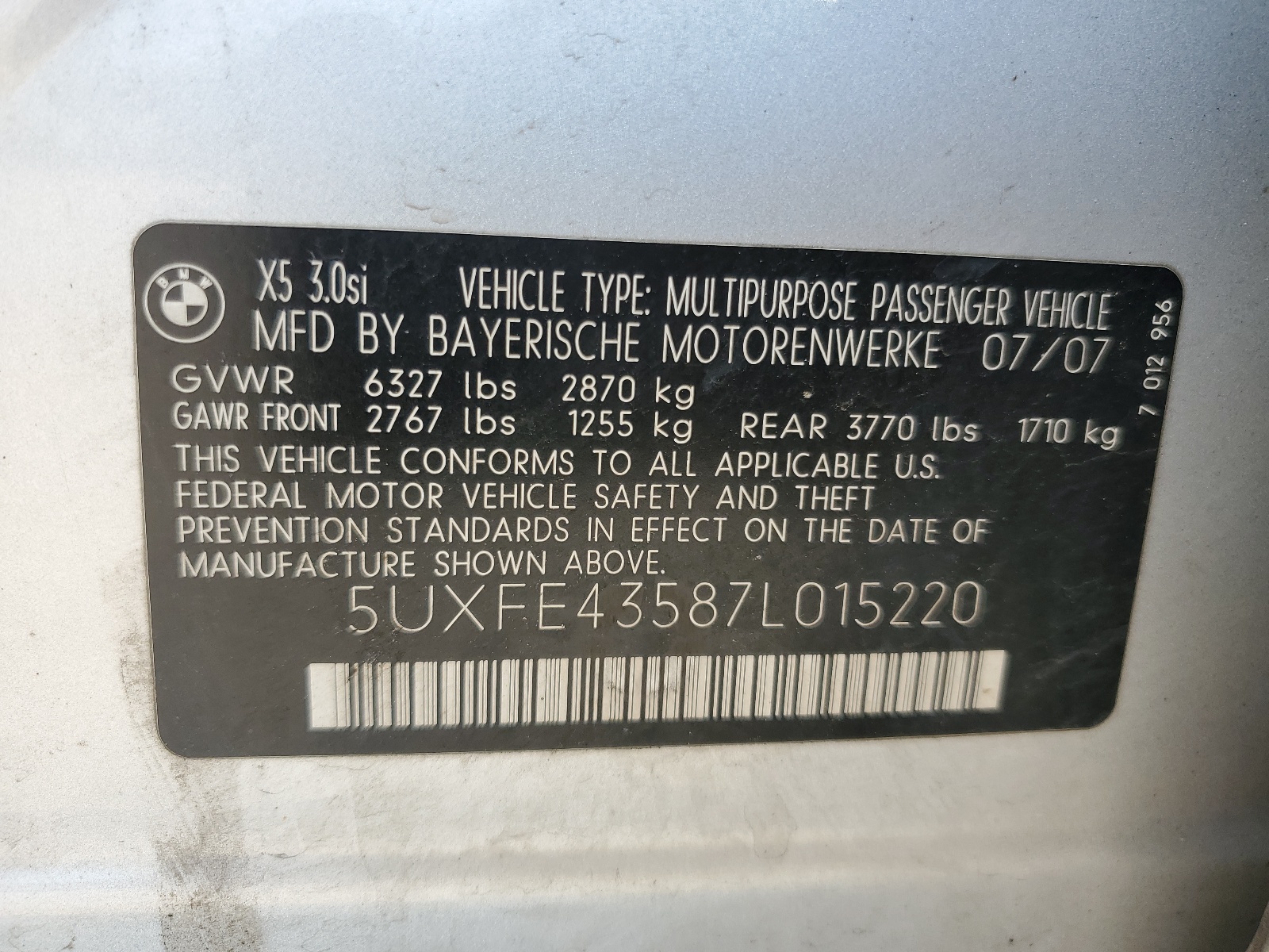 5UXFE43587L015220 2007 BMW X5 3.0I