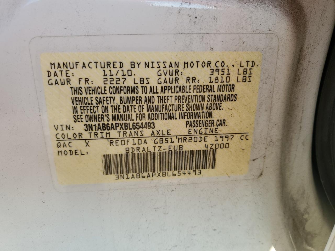 3N1AB6APXBL654493 2011 Nissan Sentra 2.0