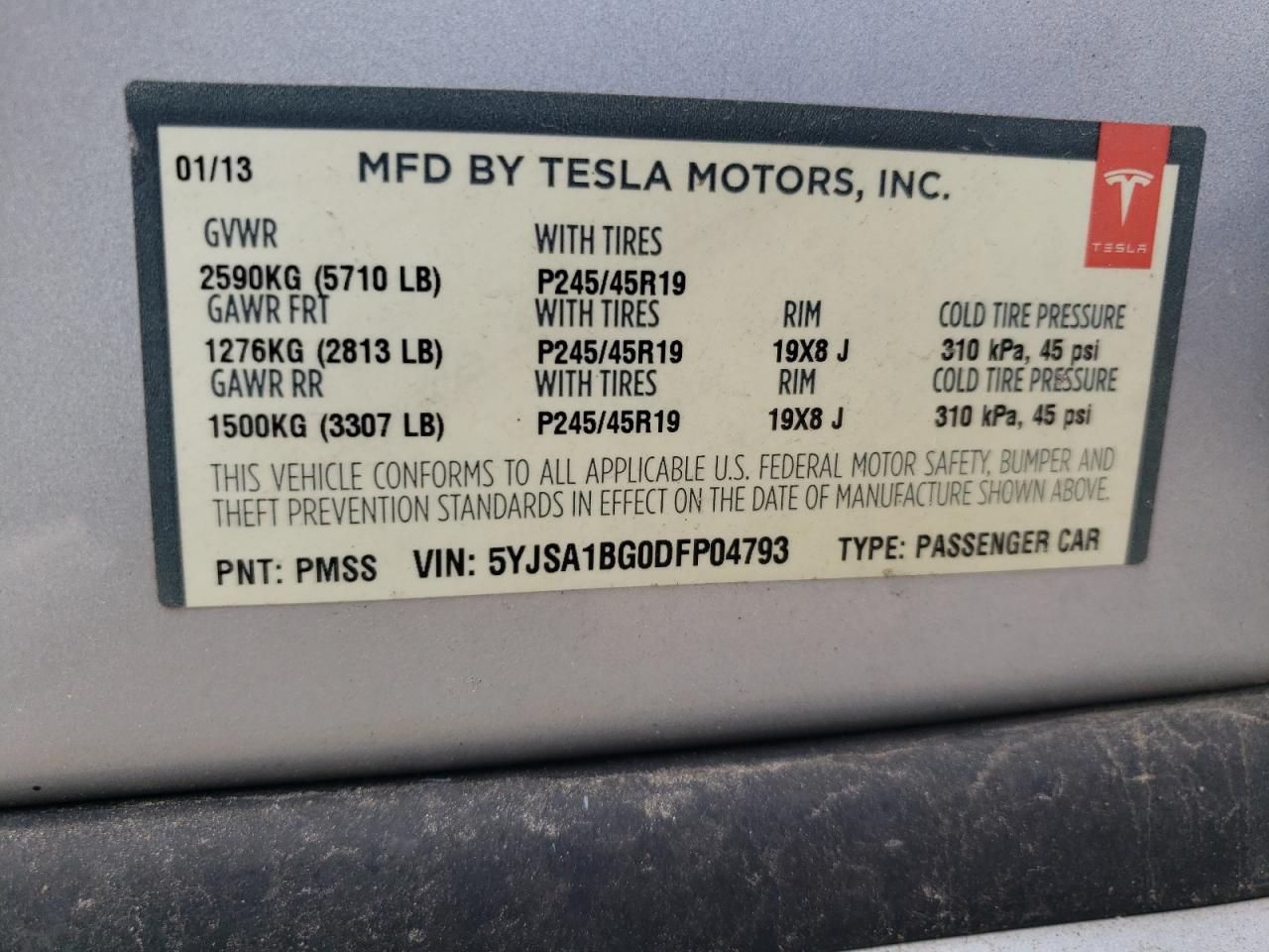 2013 Tesla Model S VIN: 5YJSA1BG0DFP04793 Lot: 67143174