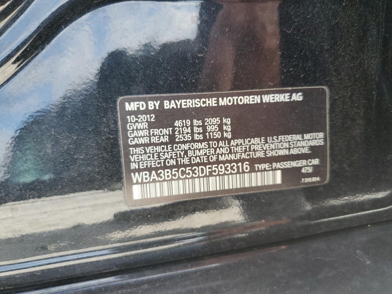 2013 BMW 328 Xi Sulev VIN: WBA3B5C53DF593316 Lot: 68179324