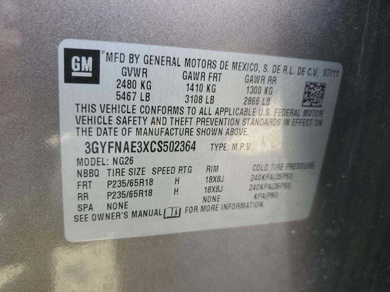 3GYFNAE3XCS502364 2012 Cadillac Srx Luxury Collection