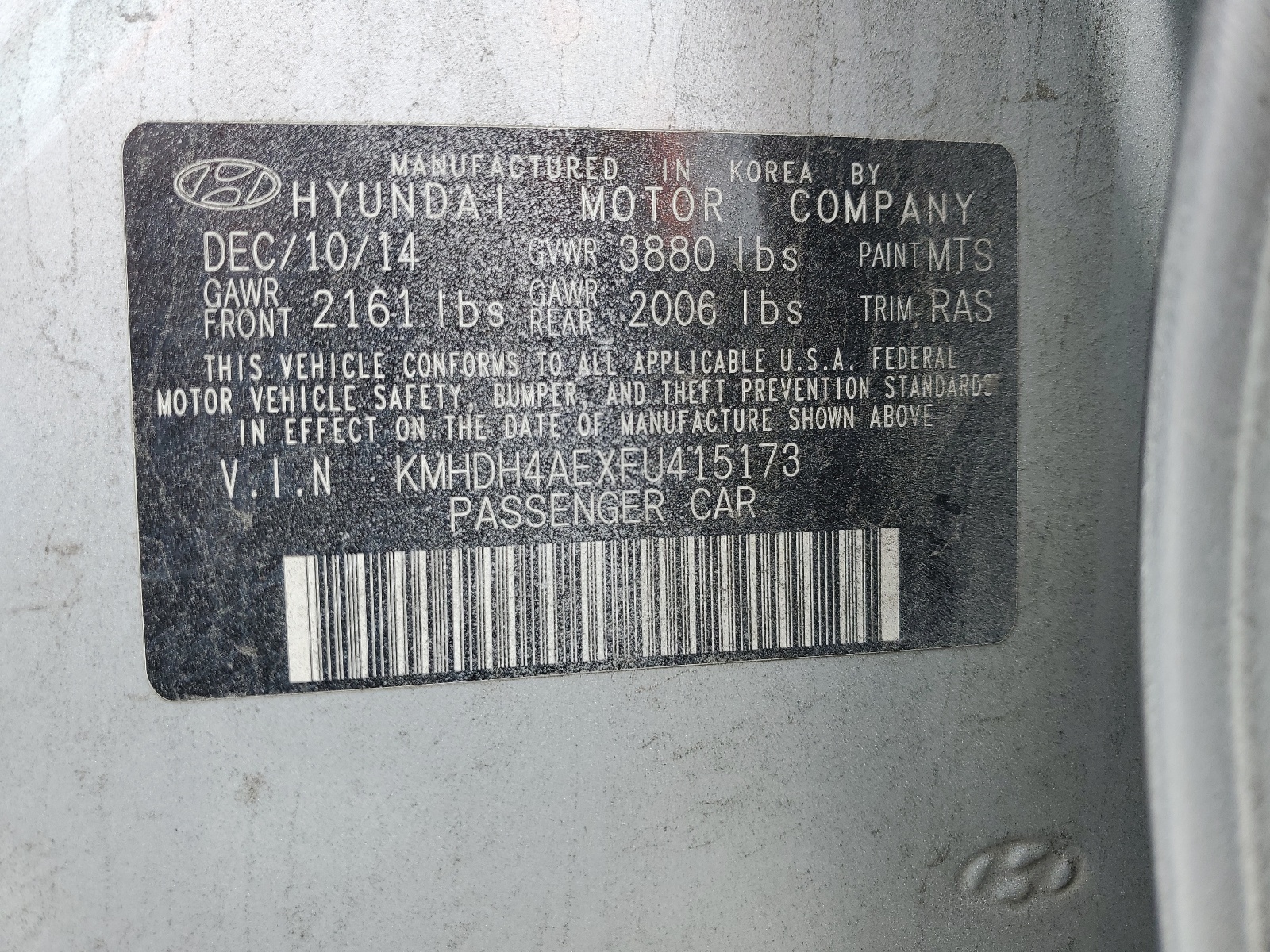 KMHDH4AEXFU415173 2015 Hyundai Elantra Se