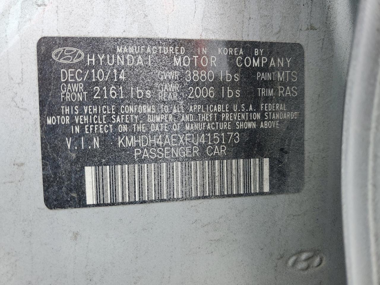 2015 Hyundai Elantra Se VIN: KMHDH4AEXFU415173 Lot: 66354744