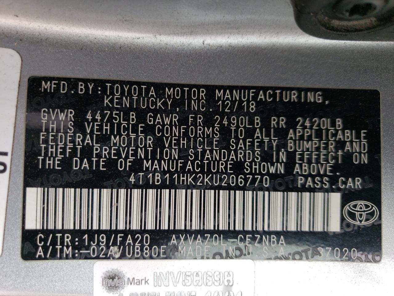 4T1B11HK2KU206770 2019 TOYOTA CAMRY - Image 12