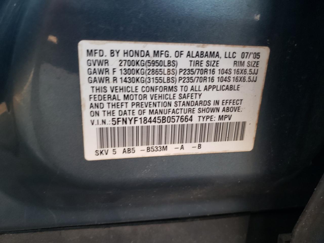 5FNYF18445B057664 2005 Honda Pilot Ex