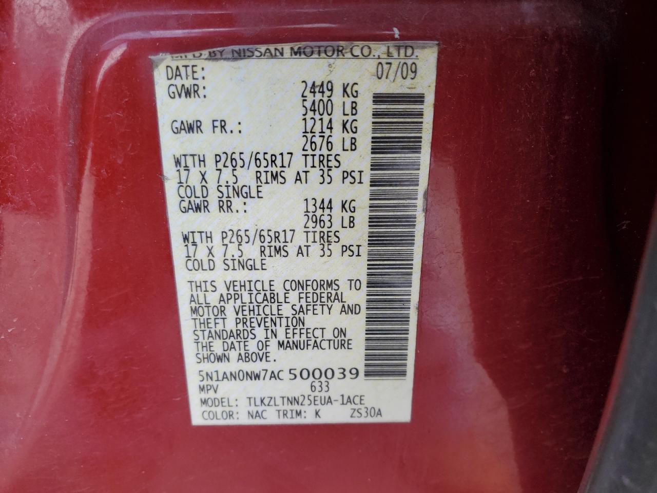 2010 Nissan Xterra Off Road VIN: 5N1AN0NW7AC500039 Lot: 66355224