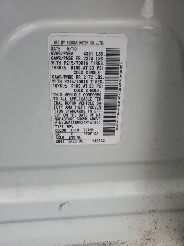 2010 Nissan Rogue S VIN: JN8AS5MVXAW141890 Lot: 65120834