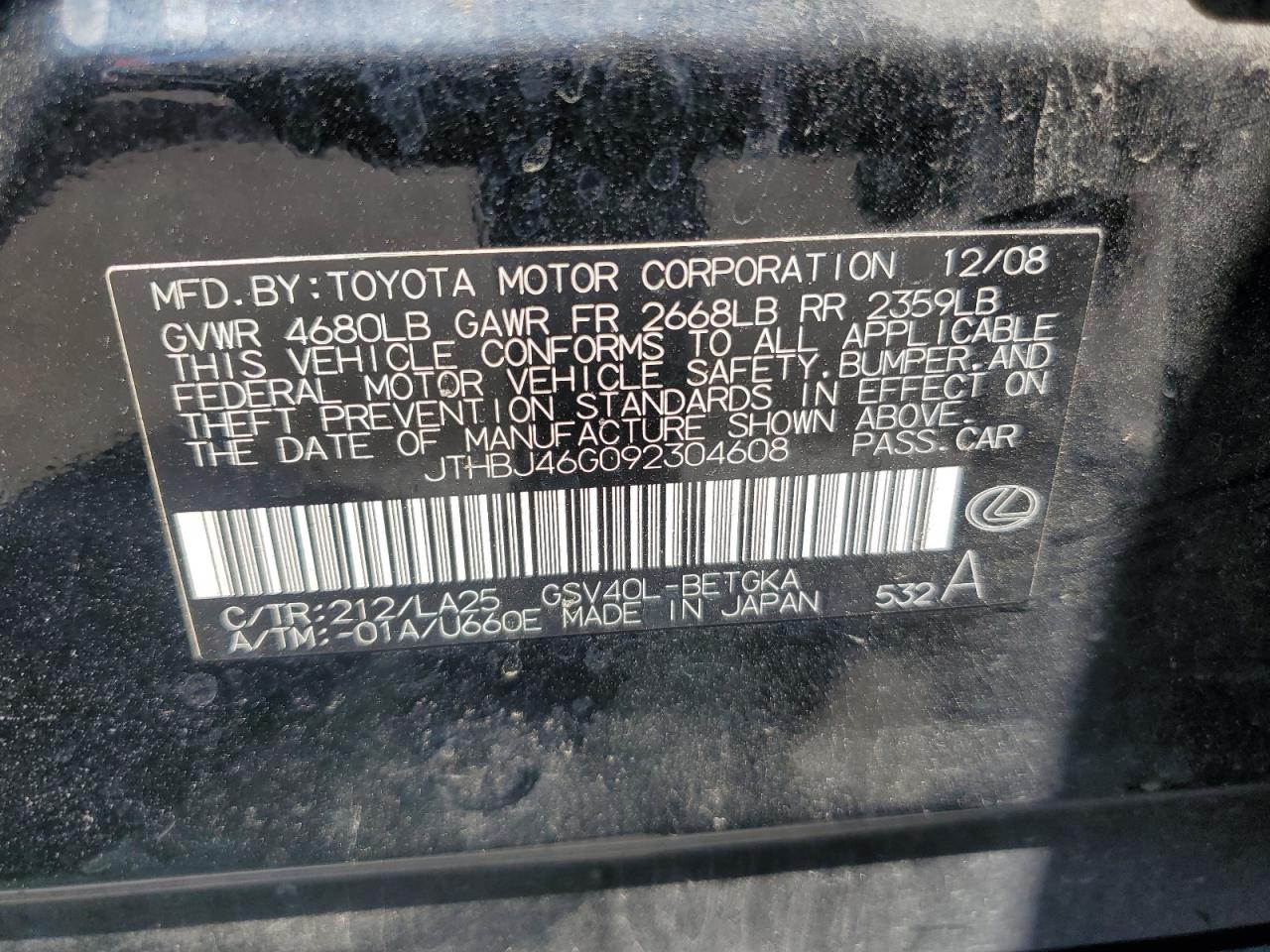 2009 Lexus Es 350 VIN: JTHBJ46G092304608 Lot: 66506594