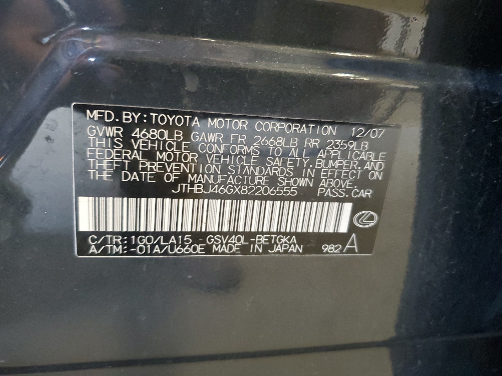 JTHBJ46GX82206555 2008 Lexus Es 350