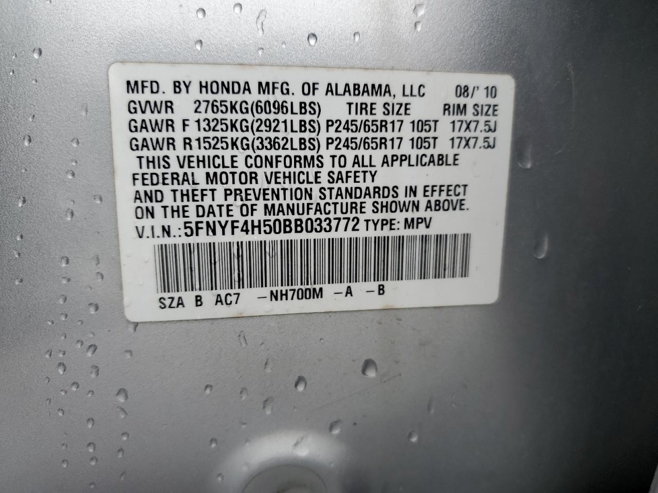 2011 Honda Pilot Exl VIN: 5FNYF4H50BB033772 Lot: 65933444