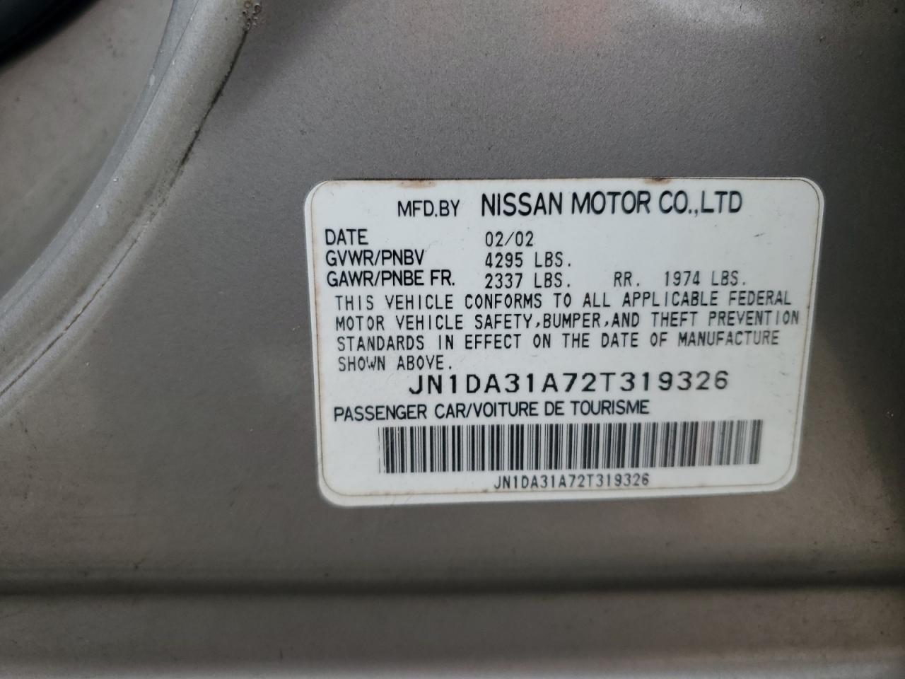 2002 Nissan Maxima Gle VIN: JN1DA31A72T319326 Lot: 66469674