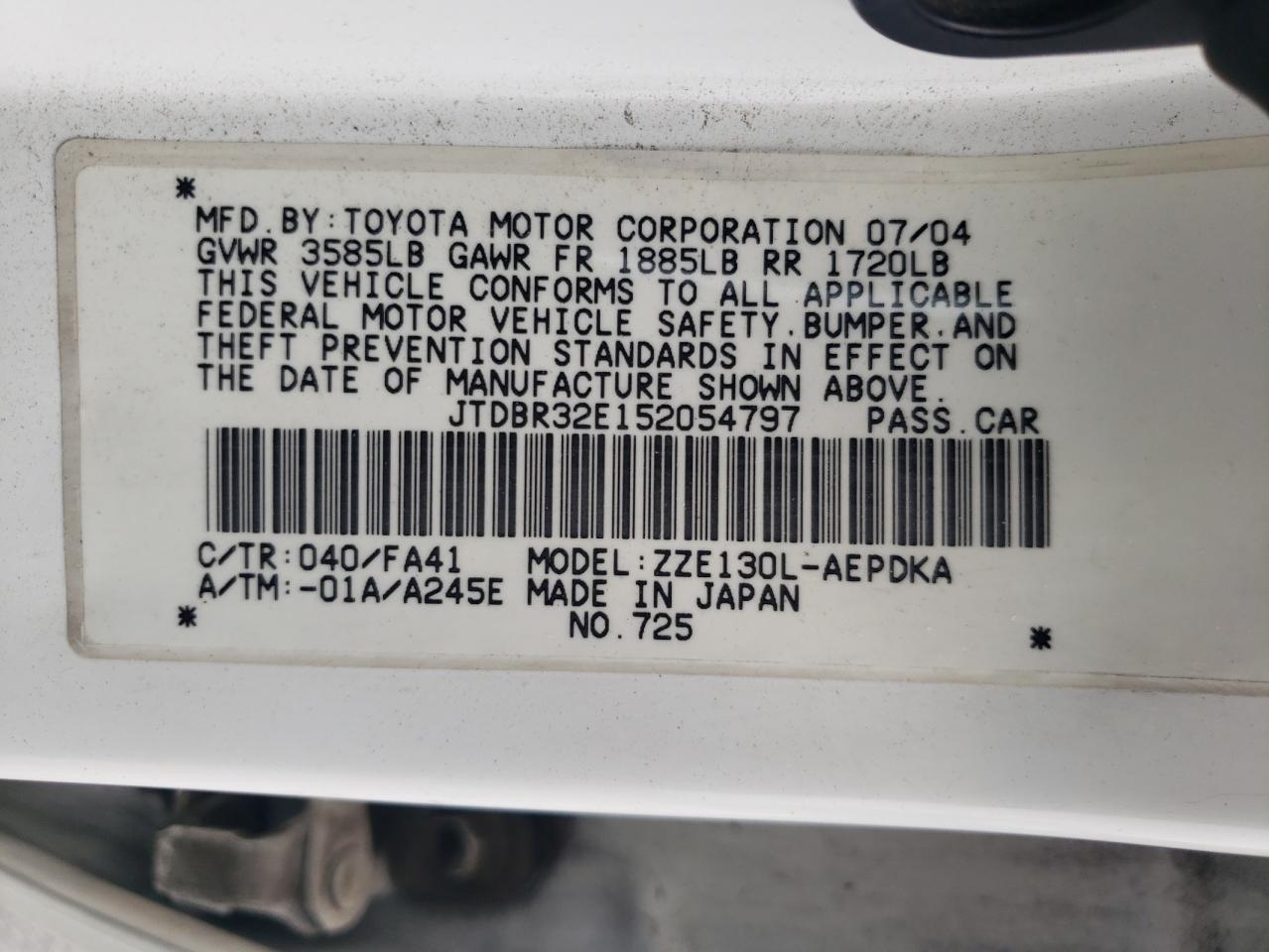 2005 Toyota Corolla Ce VIN: JTDBR32E152054797 Lot: 65771174