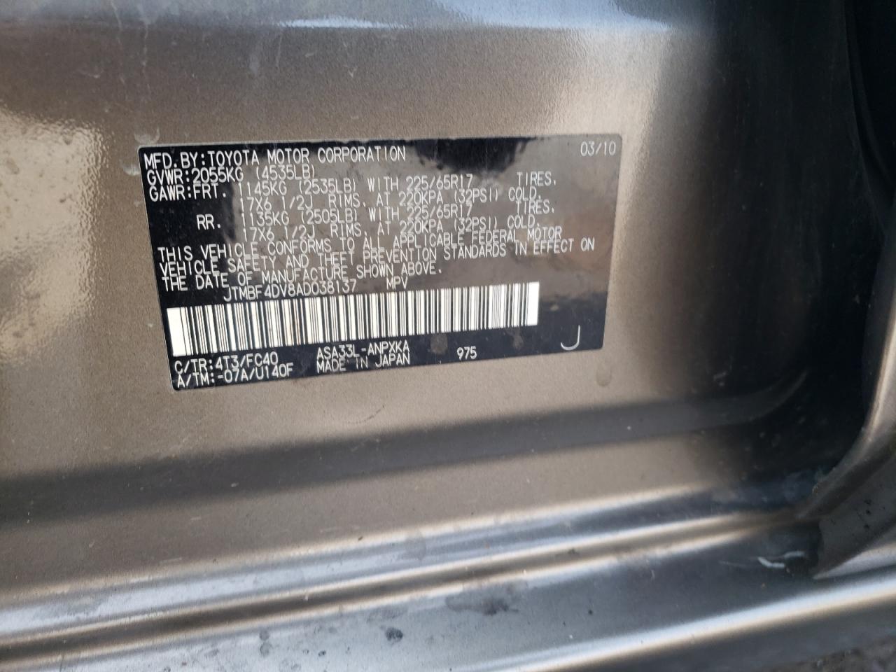 JTMBF4DV8AD038137 2010 Toyota Rav4