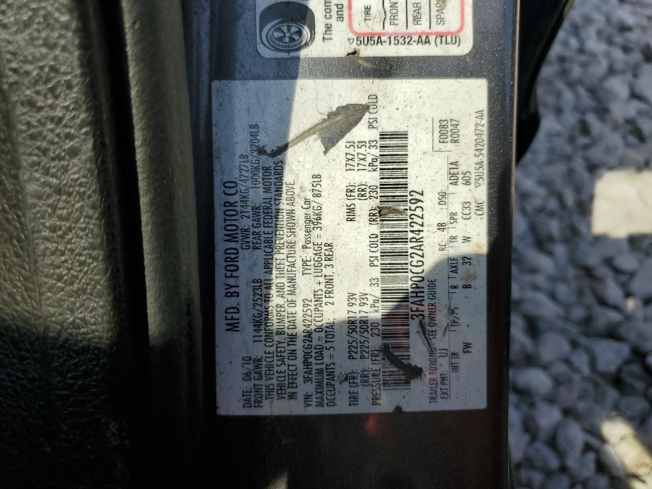 3FAHP0CG2AR422592 2010 Ford Fusion Sel