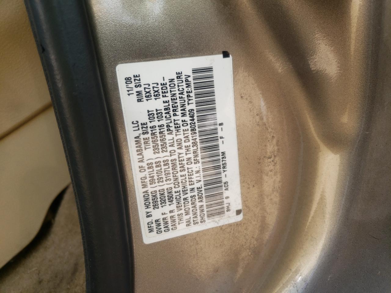 5FNRL38419B024409 2009 Honda Odyssey Ex