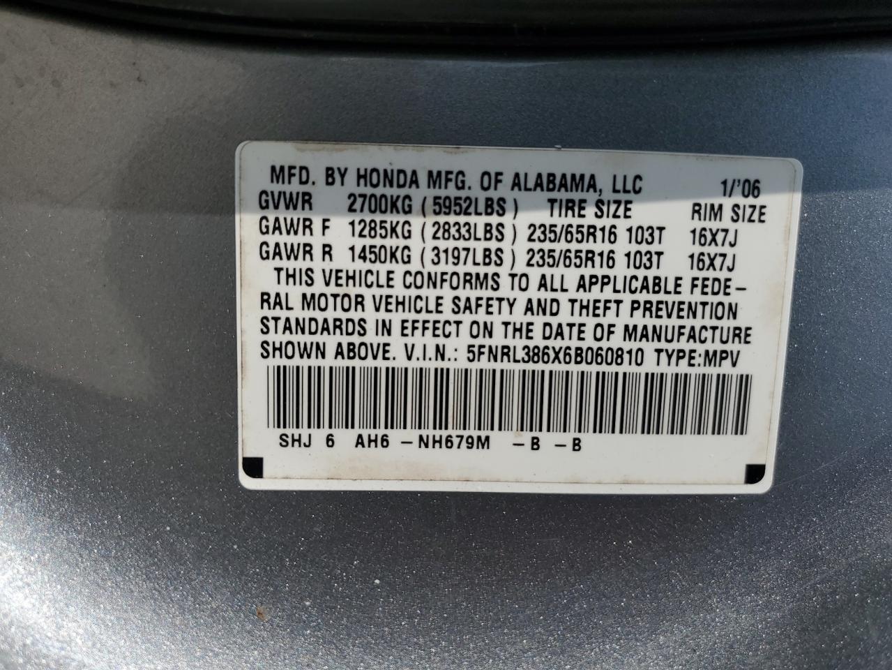 2006 Honda Odyssey Exl VIN: 5FNRL386X6B060810 Lot: 67609034
