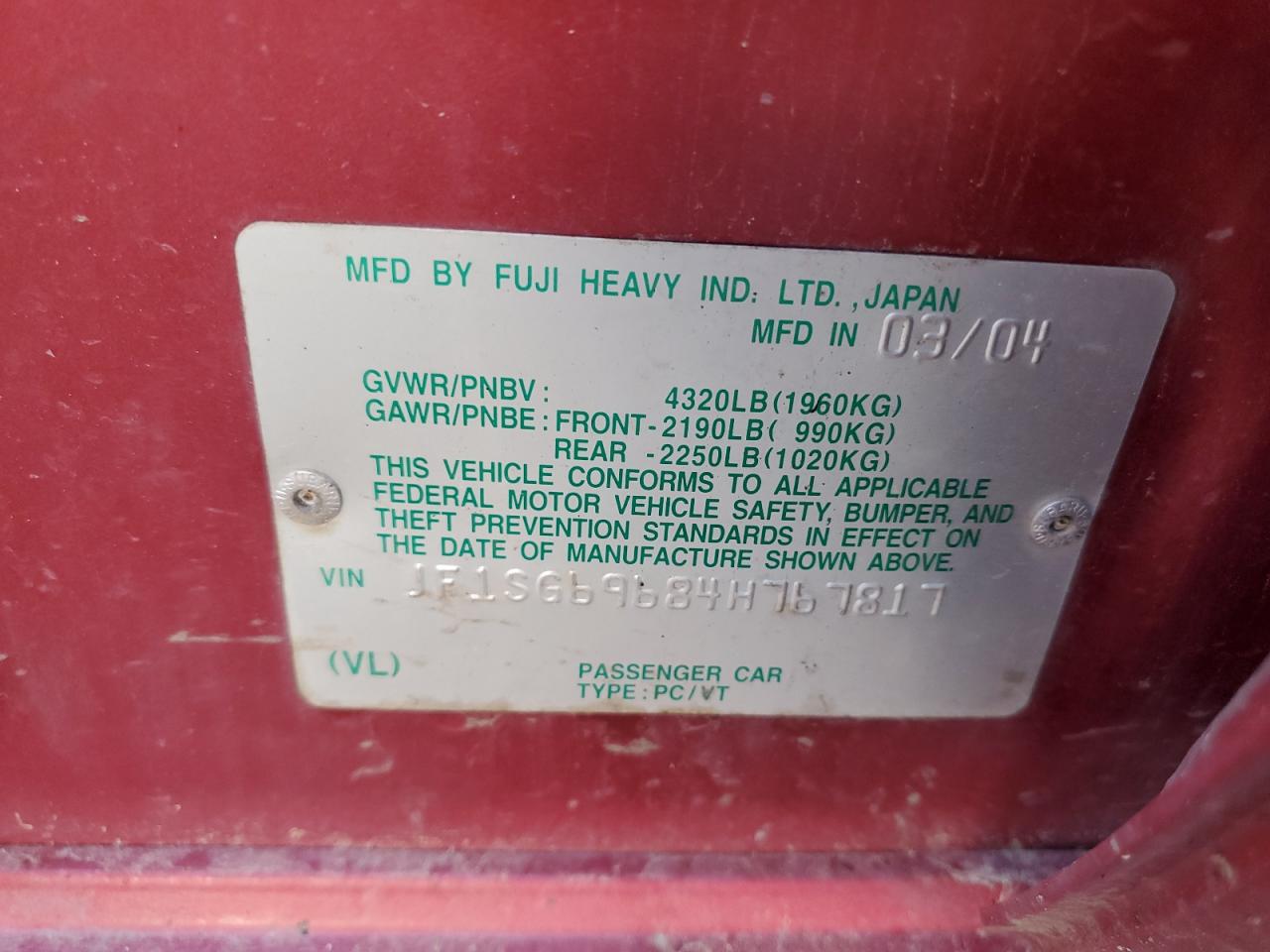 2004 Subaru Forester 2.5Xt VIN: JF1SG69684H767817 Lot: 66047404