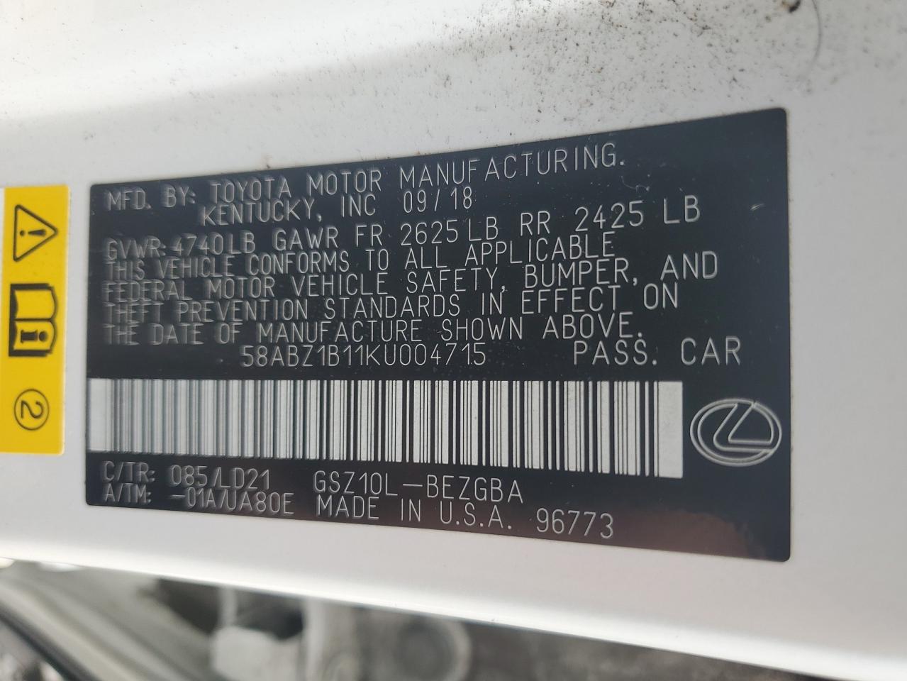 58ABZ1B11KU004715 2019 Lexus Es 350