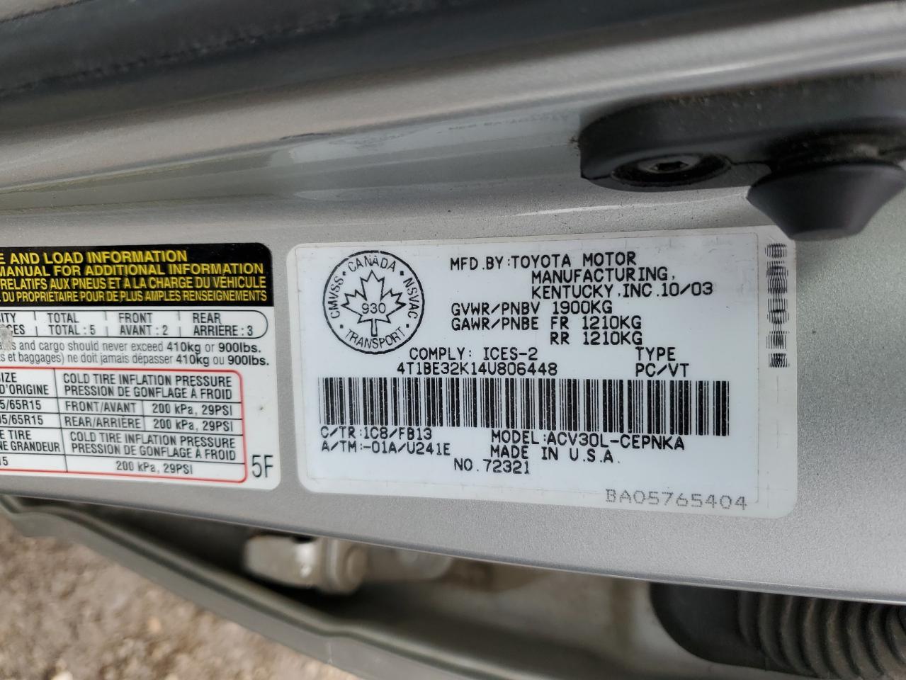 2004 Toyota Camry Le VIN: 4T1BE32K14U806448 Lot: 65537984