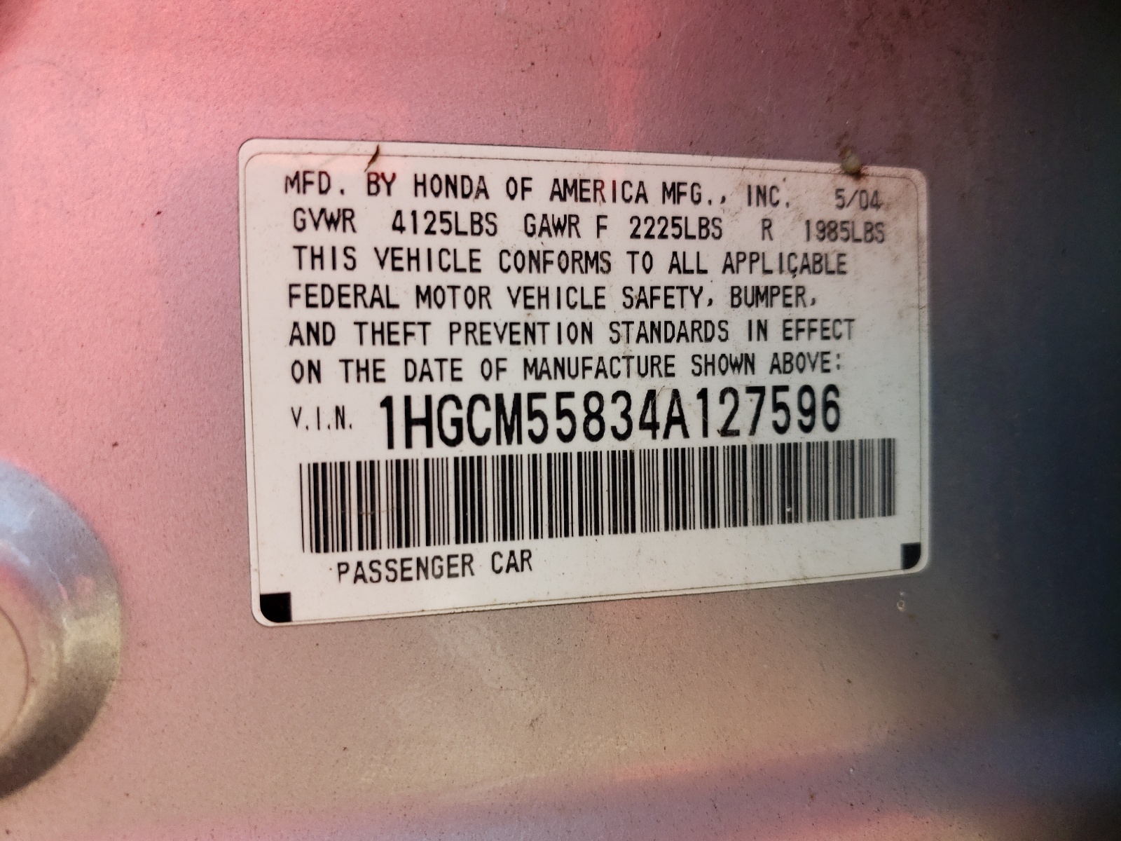 1HGCM55834A127596 2004 Honda Accord Ex