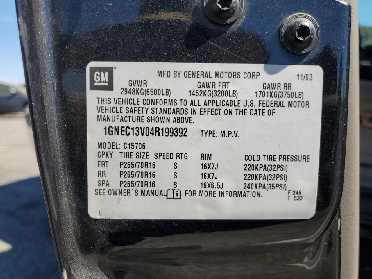 2004 Chevrolet Tahoe C1500 VIN: 1GNEC13V04R199392 Lot: 67752994