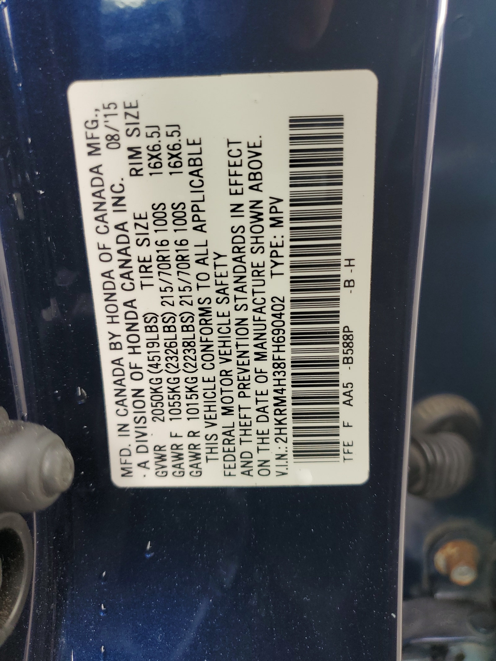 2HKRM4H38FH690402 2015 Honda Cr-V Lx