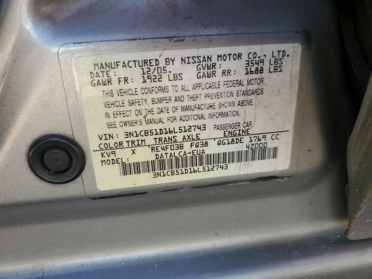 2006 Nissan Sentra 1.8 VIN: 3N1CB51D16L512743 Lot: 67235474