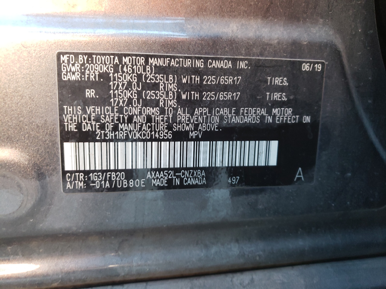 2T3H1RFV0KC014956 2019 Toyota Rav4 Le