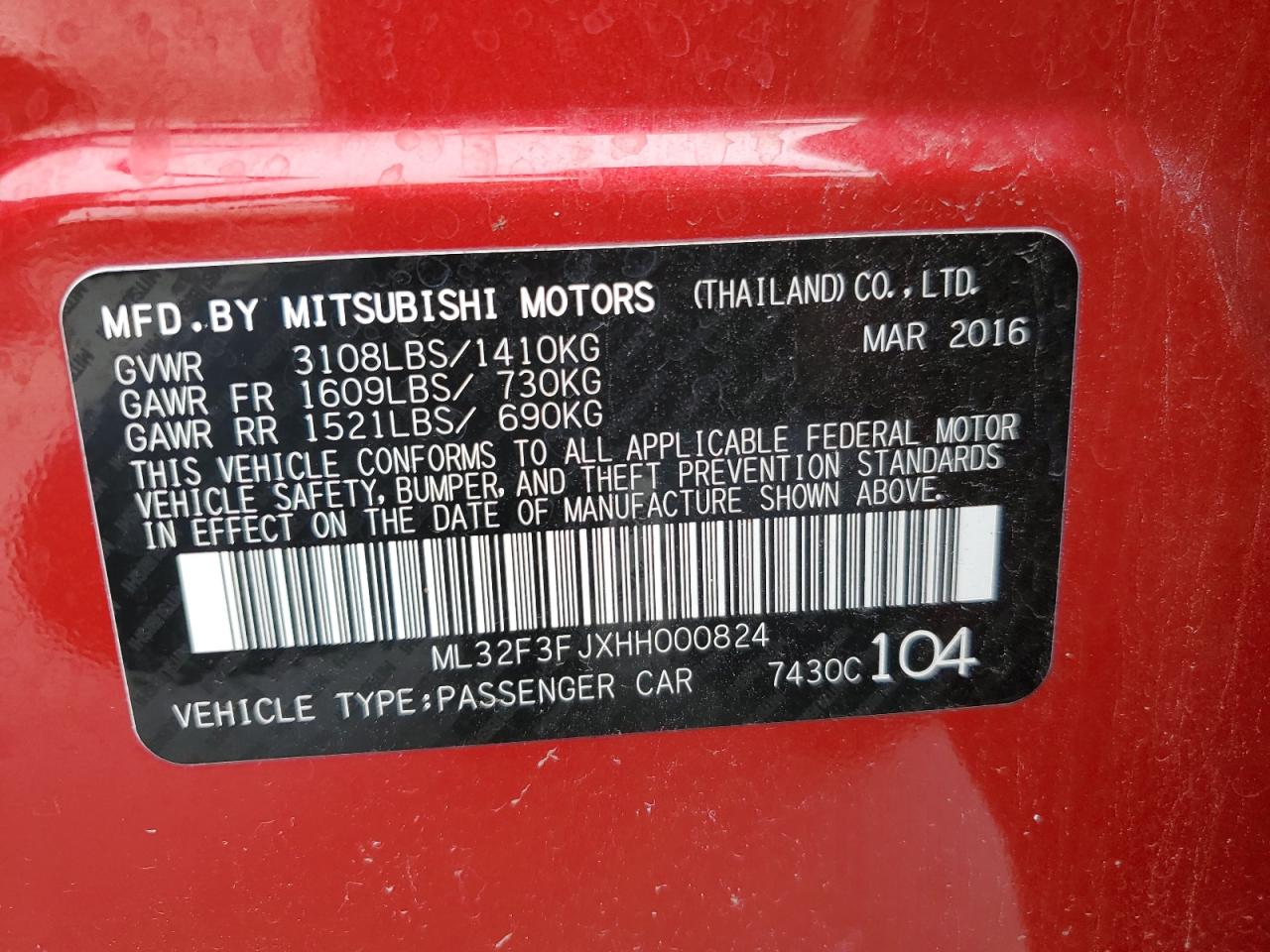 2017 Mitsubishi Mirage G4 Es VIN: ML32F3FJXHH000824 Lot: 65258434