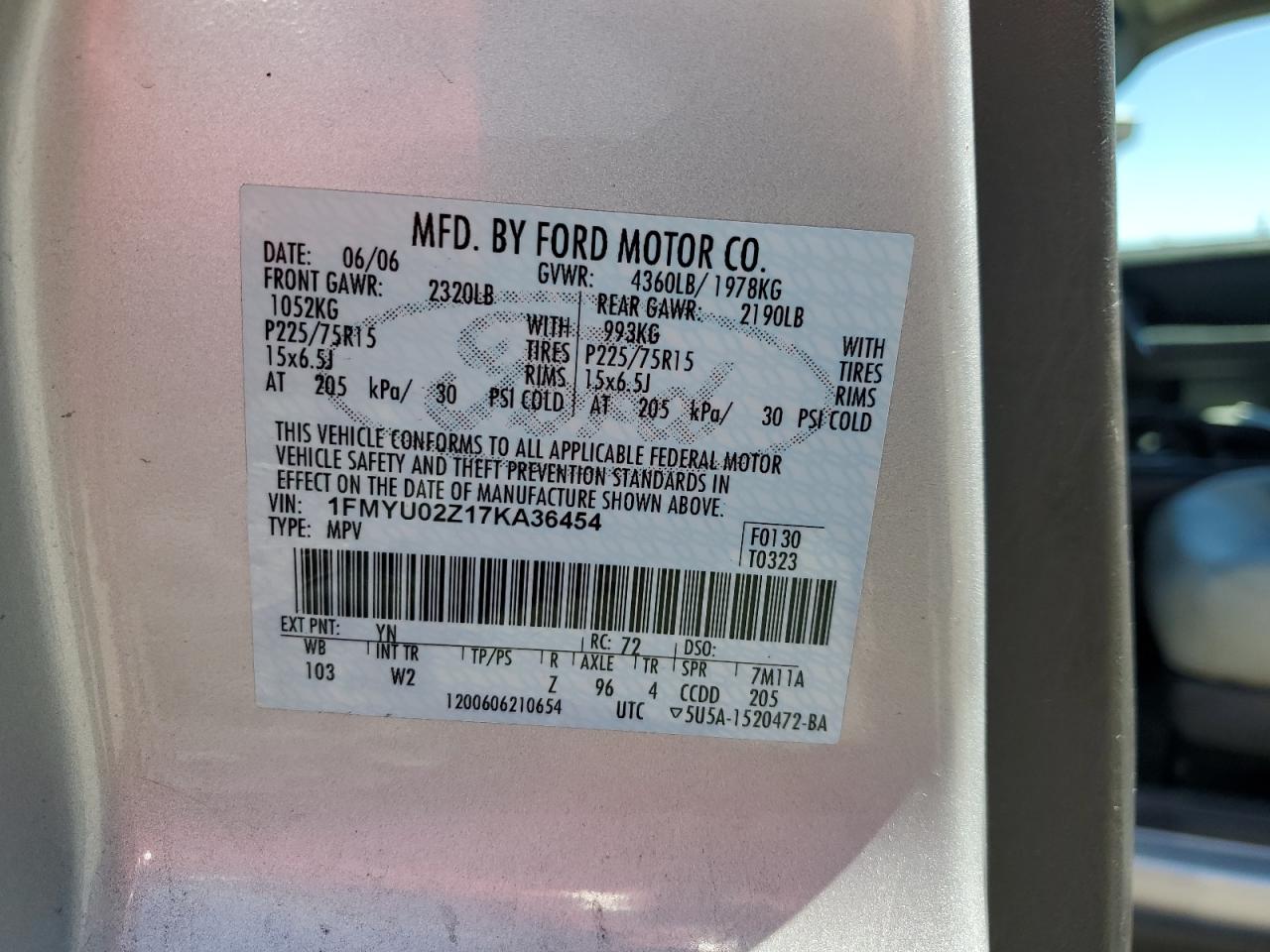 2007 Ford Escape Xls VIN: 1FMYU02Z17KA36454 Lot: 67491824