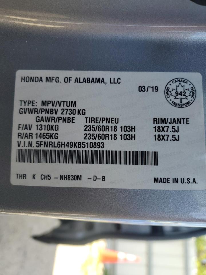 5FNRL6H49KB510893 2019 Honda Odyssey Ex