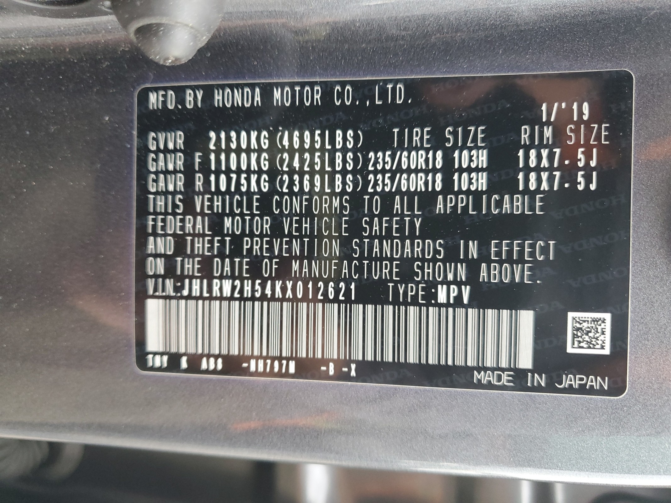 JHLRW2H54KX012621 2019 Honda Cr-V Ex