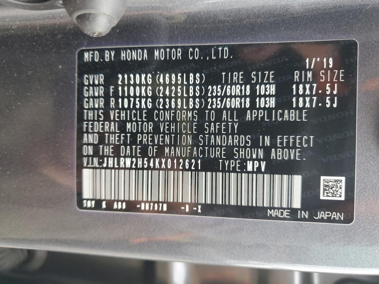 2019 Honda Cr-V Ex VIN: JHLRW2H54KX012621 Lot: 68109464