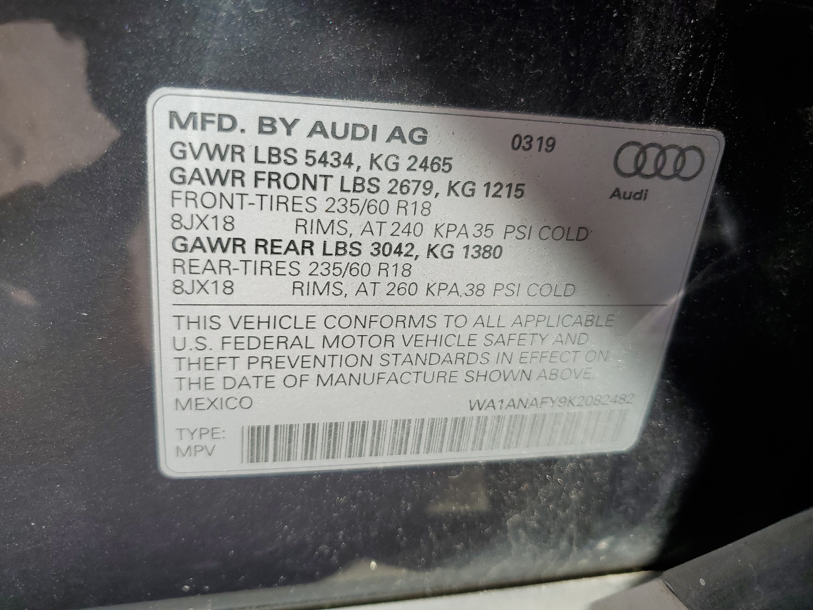 WA1ANAFY9K2082482 2019 Audi Q5 Premium