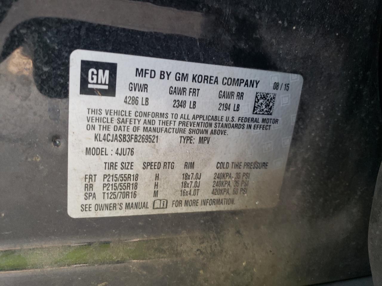 2015 Buick Encore VIN: KL4CJASB3FB269521 Lot: 66396654