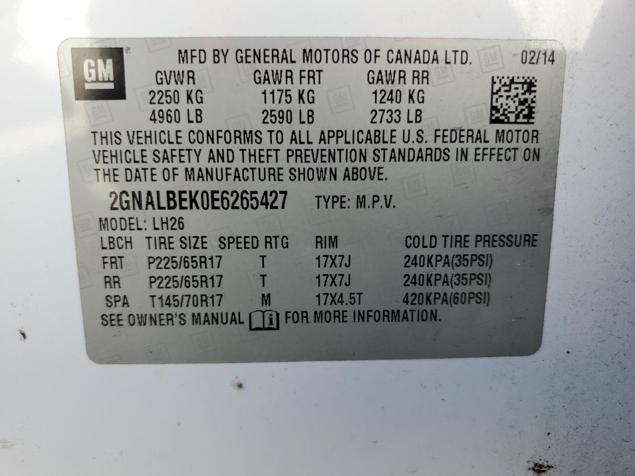 2GNALBEK0E6265427 2014 Chevrolet Equinox Lt