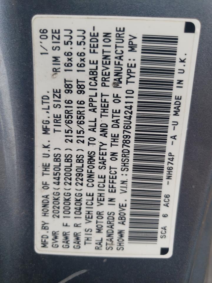 2006 Honda Cr-V Se VIN: SHSRD78976U424110 Lot: 65140574