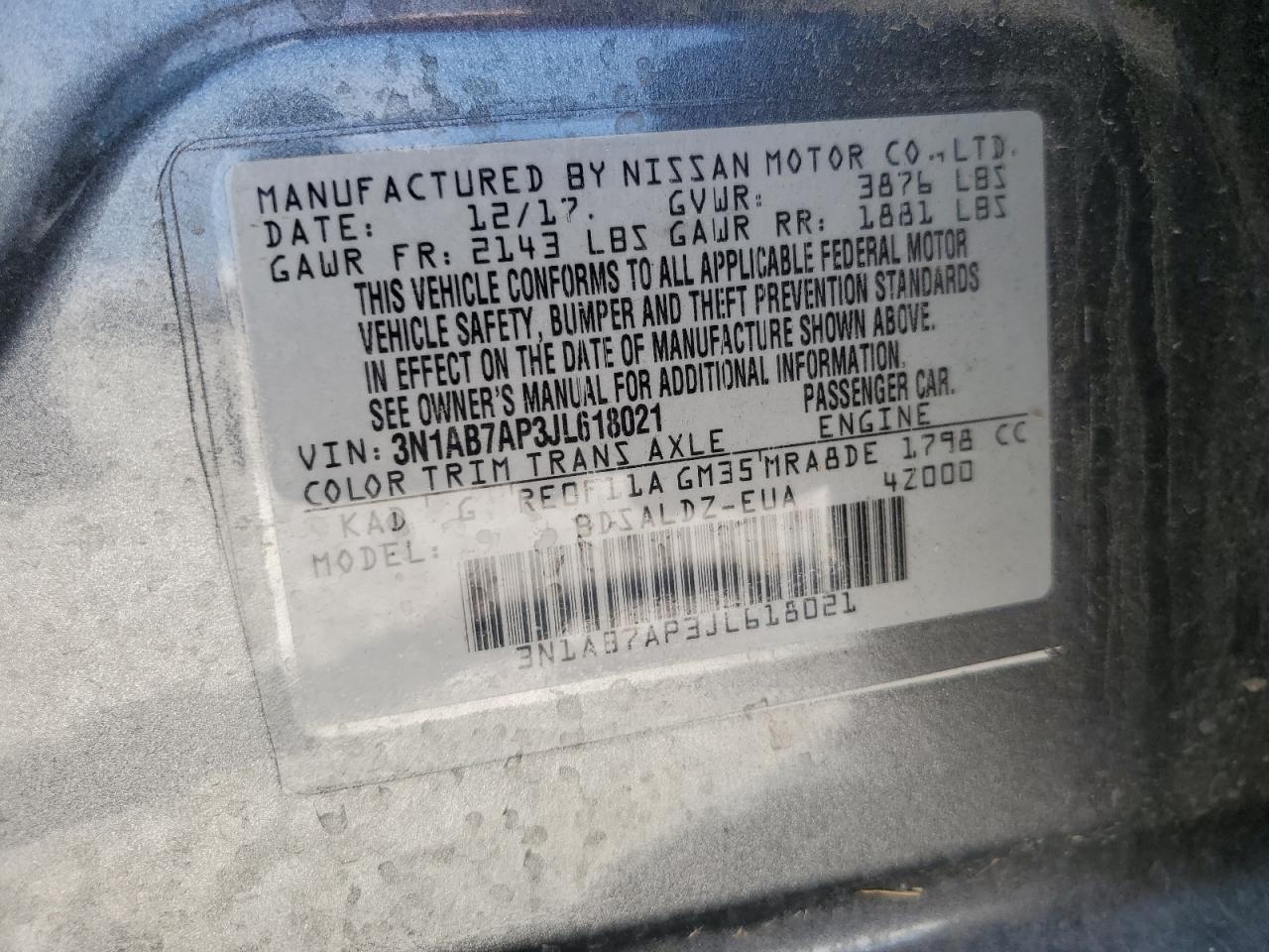 3N1AB7AP3JL618021 2018 Nissan Sentra S