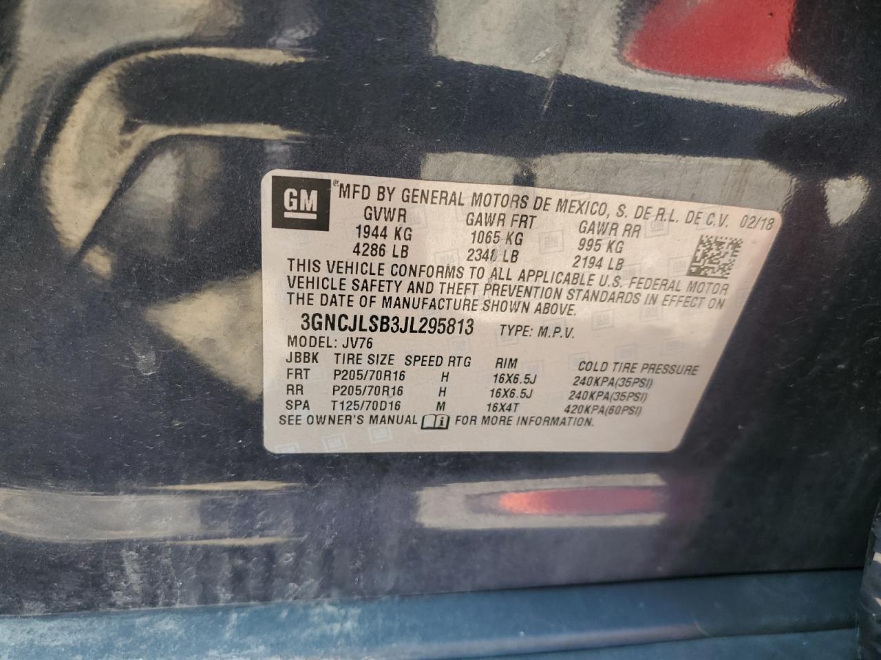 2018 Chevrolet Trax 1Lt VIN: 3GNCJLSB3JL295813 Lot: 66107594