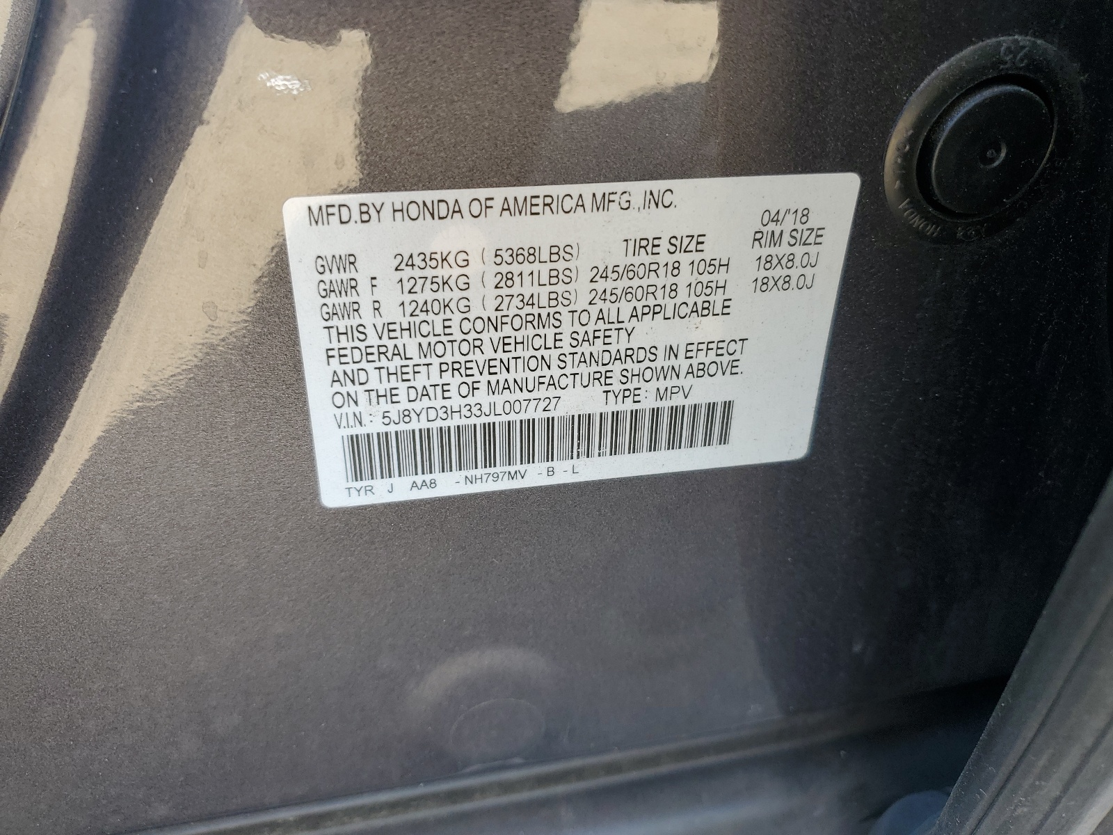 5J8YD3H33JL007727 2018 Acura Mdx