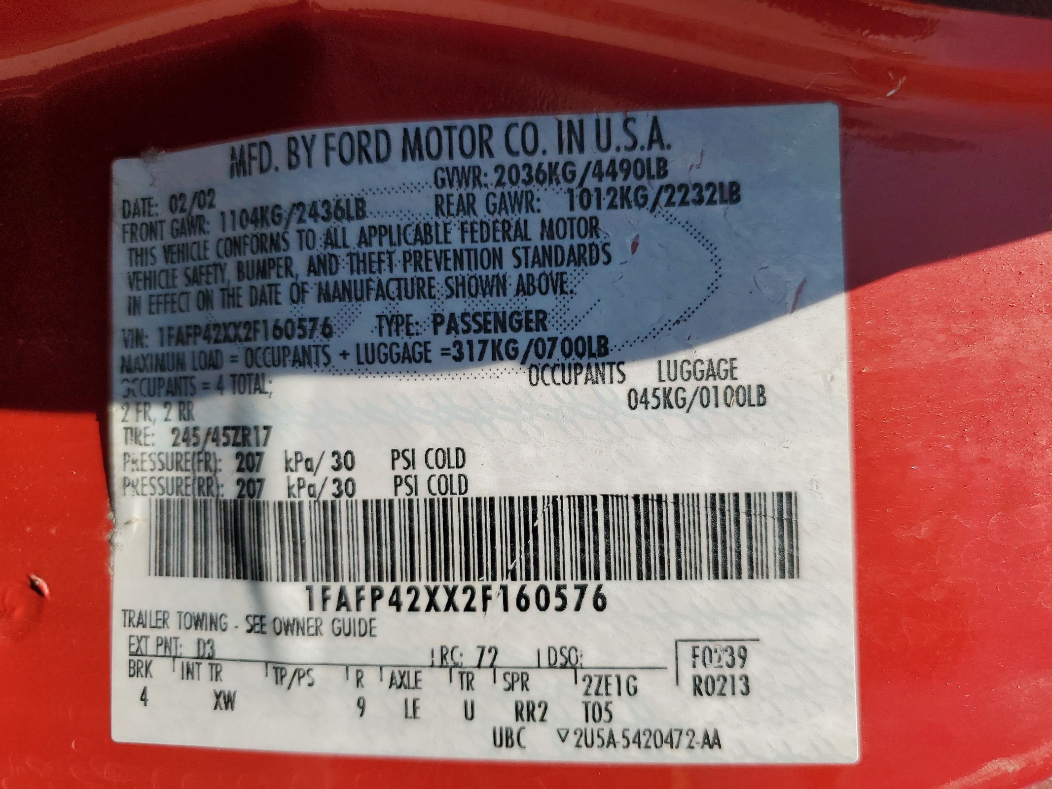 1FAFP42XX2F160576 2002 Ford Mustang Gt