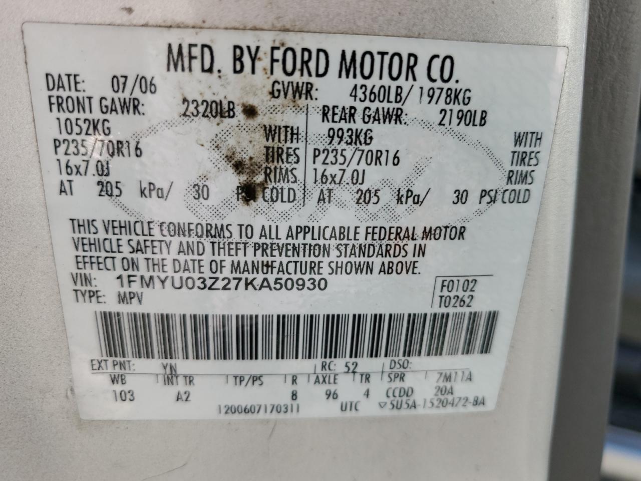 2007 Ford Escape Xlt VIN: 1FMYU03Z27KA50930 Lot: 67329724